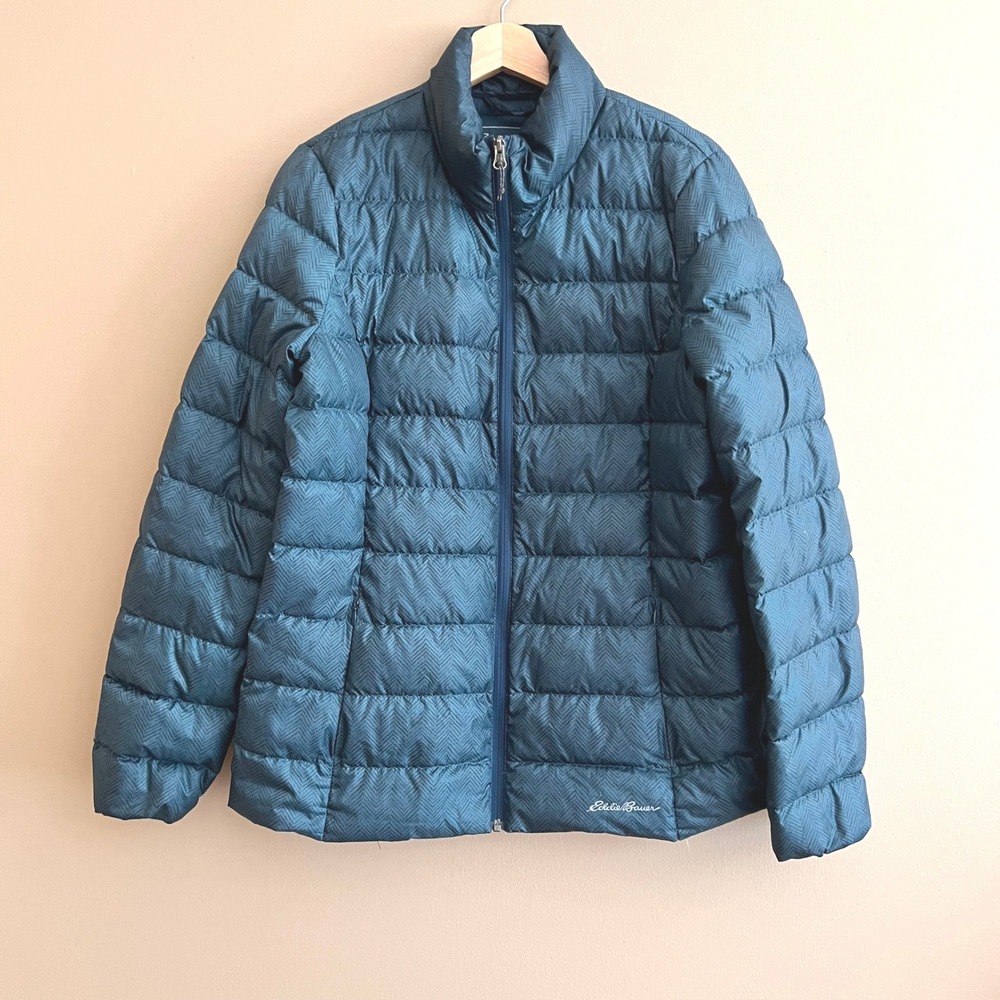 Eddie Bauer Womens Teal Chevron Herringbone Down Puffer Jacket Tall Large TL